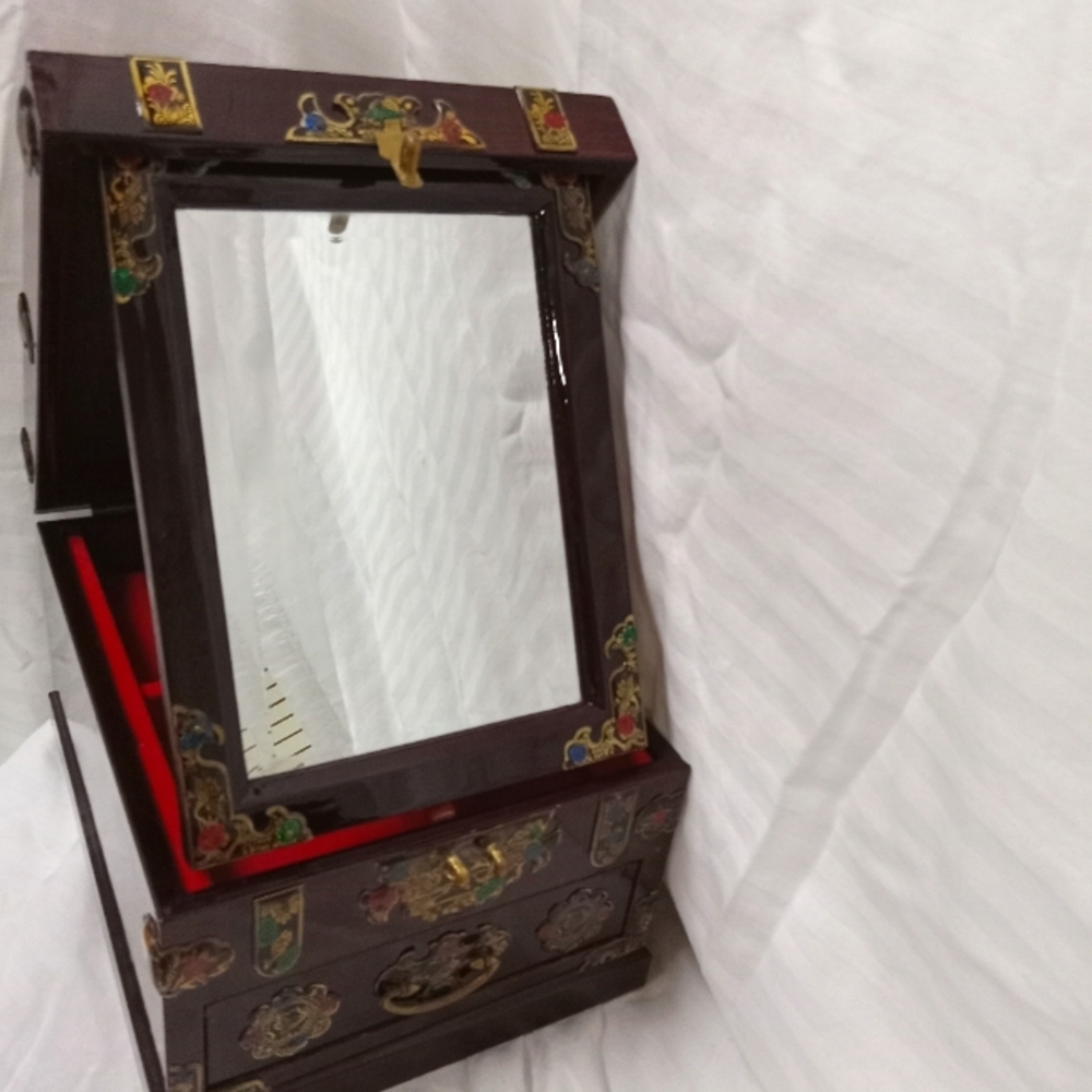 Vintage Asian Style Wooden Jewelry Box with Beveled Mirror